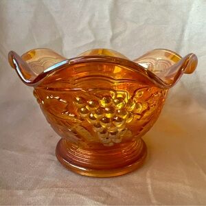 Vintage Imperial Carnival Glass Marigold Ruffle Bowl Featuring a Grape Design
